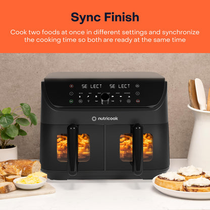 Nutricook Air Fryer 8.5L Duo2 Vision, 2026 New Launch with Independent Dual Baskets, Clear Window & Light, 100% Toxin-Free, No PTFE, PFOA or Microplastics, 2400W, 6 Presets, 2-Year Warranty